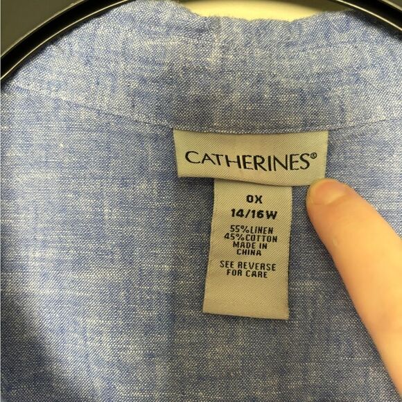 Catherines Linen Blend 3/4 Sleeve Button Down Shirt Blue Size 0X 14/16W Minimal - Picture 4 of 4